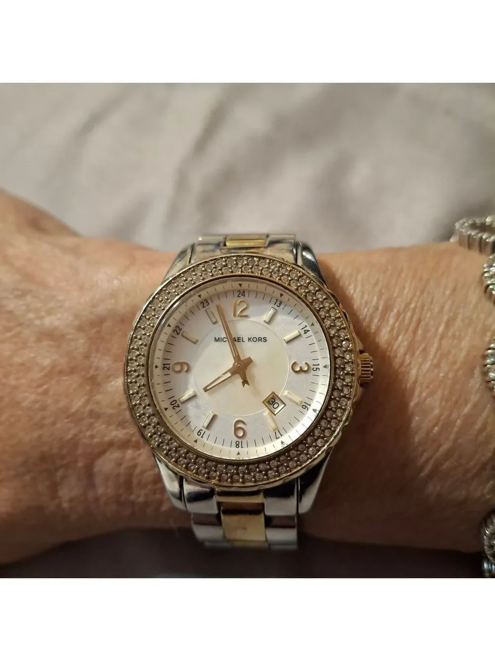 Michael Kors Gold and Silver Double Row of CZ Women's Watch Works Great Has Date